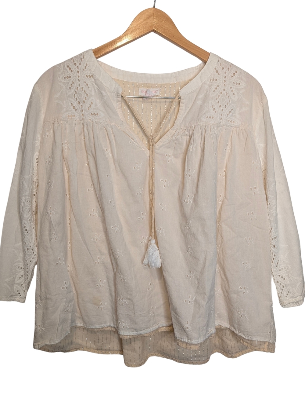 Shabby Chic Eyelet Layered Boho Embroidered Peasant Top. XL